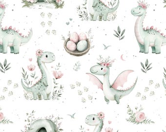 Dinosaur Seamless Pattern, Adorable Floral Dinosaur Pattern for Fabric, Baby Dino Repeat Pattern