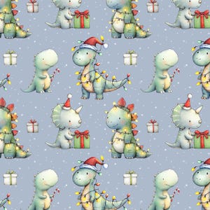 May include: A repeating pattern of cartoon dinosaurs in festive outfits. The dinosaurs are light green and grey, wearing Santa hats and Christmas lights. Gift boxes and candy canes are also featured on a light blue background.