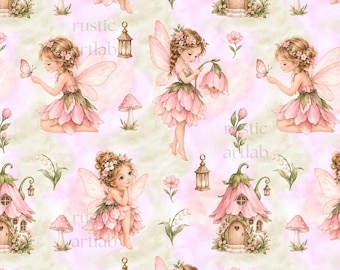 Fairy Seamless Pattern - Watercolour Fairy Nursery Fabric Design - Pink Fairy Digital Paper - Magic Nursery Decor