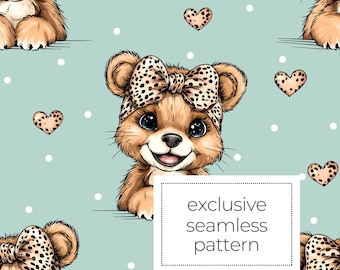 Bear with Leopard Headband Exclusive Seamless Pattern, Adorable Bear Fabric Design