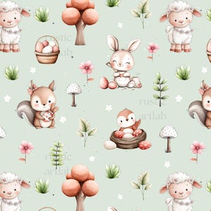 May include: A repeating pattern featuring adorable watercolor illustrations of lambs, bunnies, squirrels, birds, trees, mushrooms, and eggs. The design is set against a soft green background with floral and leaf accents, perfect for Easter-themed crafts.