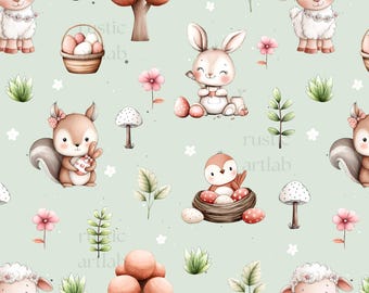 Easter Seamless Pattern - Spring Fabric Design, Bunny, Sheep, Squirrel Easter eggs Background Digital Download