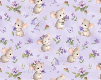 Mouse Seamless Pattern, Cute Mouse and Purple Flowers Fabric Design (Digital Download, Commercial Use License)