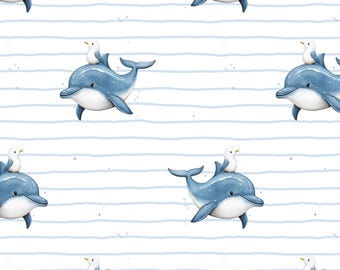 Dolphin and Seagull Seamless Pattern - Ocean Kids Fabric Design - Minimalist Sea Digital Paper - Baby Summer Pattern