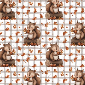 May include: A repeating pattern featuring cartoon squirrels holding acorns, sitting on logs, and surrounded by autumn leaves. The background is a gray and white plaid design. The color palette includes shades of brown, orange, and gray.