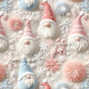 May include: A repeating pattern of whimsical gnomes with long white beards and pink or blue hats, interspersed with snowflakes and pom-poms in shades of pink, blue, and white. The text "rustic artlab" is visible.