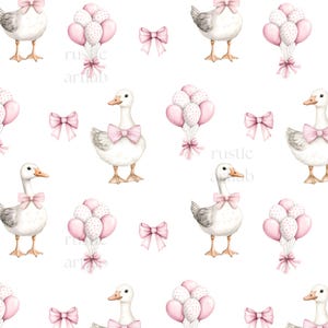 May include: A repeating pattern featuring white geese wearing pink bows, pink balloons, and pink bows on a white background. The geese have orange beaks and feet. The balloons are pink and white.