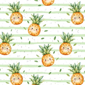 May include: A seamless pattern featuring watercolour illustrations of cute pineapples with glasses on a white background with green stripes. The pineapples have smiling faces and are surrounded by green leaves.