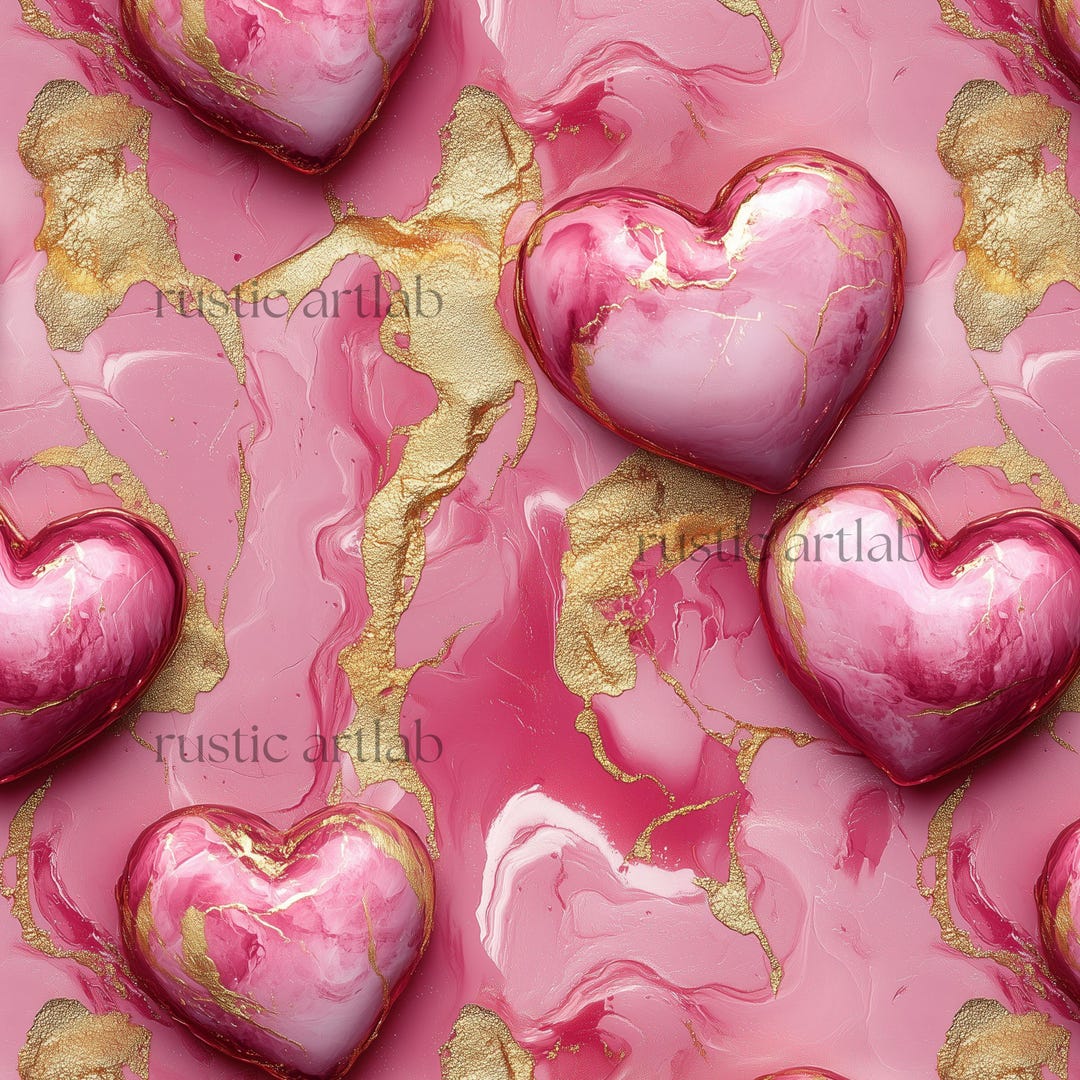 3D Hearts Seamless Pattern - Pink and Gold Valentine's Day Digital ...