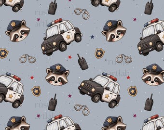 Police Car Seamless Pattern, Raccoon Police Officer Fabric Design, Kids Vehicle Background Digital Download