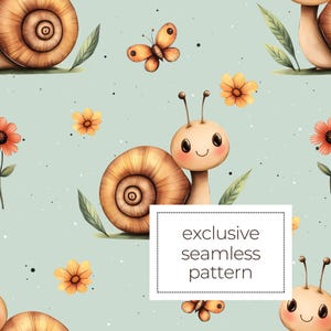 May include: A seamless pattern featuring cartoon snails, butterflies, and flowers in shades of brown, orange, and yellow on a light teal background. The text "exclusive seamless pattern" is displayed in a white box.