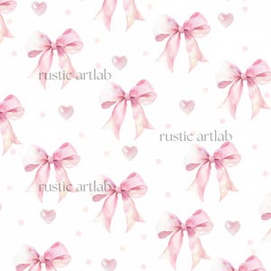 Pink Watercolour Bow Seamless Pattern – Coquette Ribbon and Hearts Digital Paper