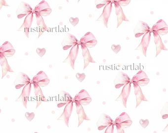 Pink Watercolour Bow Seamless Pattern – Coquette Ribbon and Hearts Digital Paper
