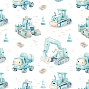 Könnte beinhalten: Wiederholendes Aquarellmuster mit blauen und beigen Baumaschinen. Das Design umfasst Lastwagen, Bagger und Planierraupen sowie Verkehrskegel und Ziegelstapel auf weißem Hintergrund. Geeignet für Kinderprodukte, ist dieses Muster charmant und verspielt.