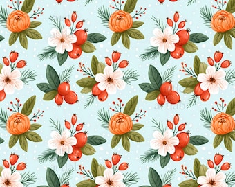Christmas Flowers Seamless Pattern - Christmas Vintage Florals Fabric Design, Watercolour Christmas Background Digital Download