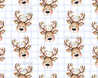 Cute Reindeer Seamless Pattern, Christmas Lights Reindeer Fabric Design, Christmas Digital Paper, Gingham Background