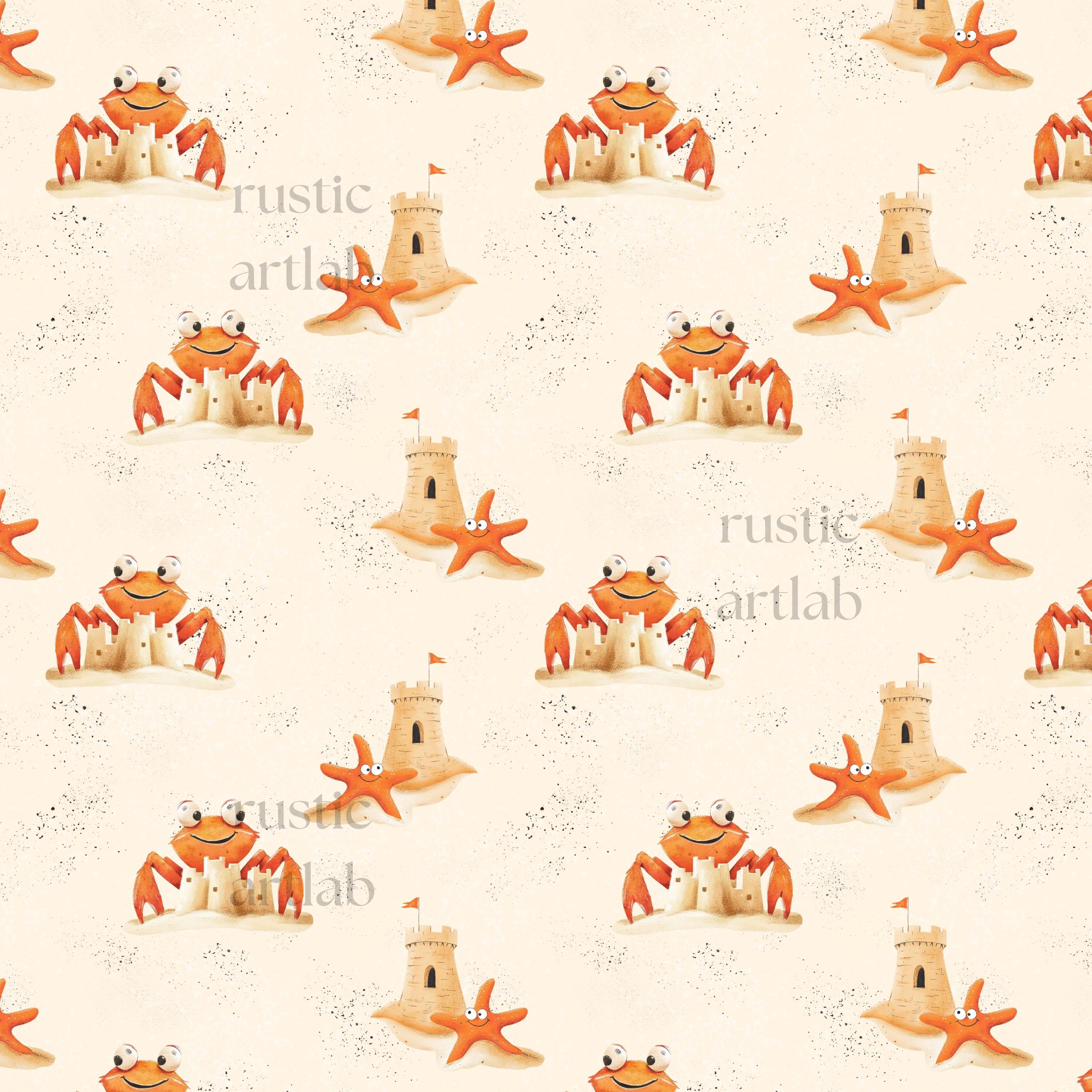 Cute Crab and Starfish Seamless Pattern, Kids Summer Fabric Design, Fun ...