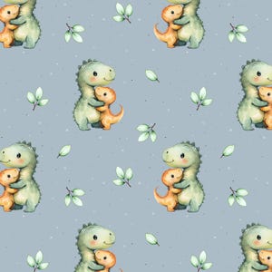 May include: A repeating pattern featuring cartoon dinosaurs in green and orange, embracing. The design is set against a pale blue backdrop with small white speckles and green leaf accents. Ideal for children's products, this pattern is charming and playful.