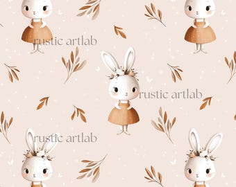 Blommig kanin sömlöst mönster - söt boho baby tygdesign, barnkammartapet digital nedladdning