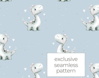 Exclusive Kids Fabric Design, Cute Watercolour Dinosaur Seamless Pattern, Adorable Dino Repeat tile