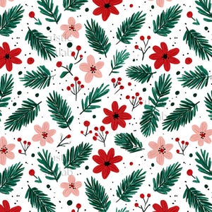May include: A repeating pattern on a white backdrop, showcasing red and pink flowers, green fir branches, and red berries. The design is punctuated with small black dots, creating a festive, seasonal feel.