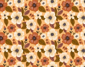 Autumn Flowers Seamless Pattern, Orange Fall Floral Fabric Design, Ditsy Flowers Repeat Tile Digital Download