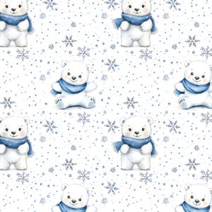 May include: A repeating pattern featuring adorable white polar bears wearing blue scarves, set against a white background with scattered snowflakes and blue dots. The bears are in various poses, creating a whimsical winter theme.