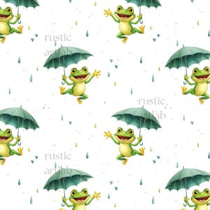 May include: A repeating pattern of cheerful green frogs holding teal umbrellas, with raindrops and hearts on a white background. The frogs have yellow bellies and are smiling. The text "rustic art lab" is in the center.
