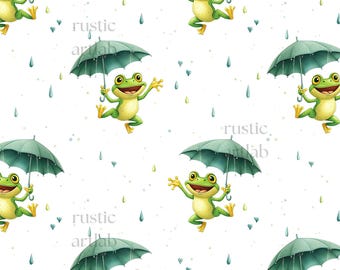 Happy Frog Seamless Pattern, Frog with Umbrella Fabric Design, Cute Fall Digital Paper Digital Download