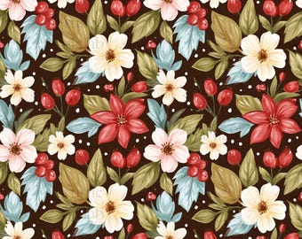 Christmas Flowers Seamless Pattern - Christmas Vintage Florals Fabric Design, Watercolour Christmas Background Digital Download