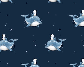 Dolphin and Seagull Seamless Pattern - Ocean Kids Fabric Design - Minimalist Sea Digital Paper - Baby Summer Pattern