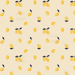 May include: A repeating pattern of yellow lemons with dark green leaves on a light beige background. Some lemons are single, while others appear in pairs or trios. The words "rustic artlab" are printed in the center of the image.