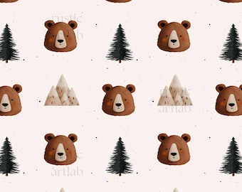 Bear Seamless Pattern - Woodland Fabric Design - Minimalist Bear Mountain Repeat Tile Digital Download