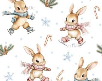 May include: A repeating pattern featuring adorable cartoon bunnies ice skating. The bunnies wear scarves and skates in shades of blue and pink. The background is white with snowflakes, candy canes, and pine branches.