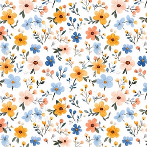 May include: A seamless floral pattern featuring watercolor flowers in shades of peach, yellow, and blue on a white background. The design includes various flower sizes and leaf arrangements.