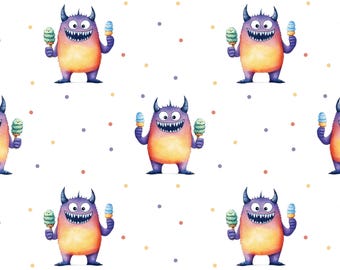 Modèle sans couture de monstres adorables | Monstre aquarelle avec impression sur tissu crème glacée | Monstre d'été en téléchargement numérique