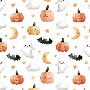 Cute Halloween Seamless Pattern, Watercolour Halloween Digital Paper, Adorable Bats and Ghosts Fabric Design Digital Download