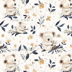 May include: A seamless pattern featuring adorable white koalas with closed eyes, sitting on branches with blue and gray leaves. The background is white with scattered gold stars and yellow flowers.