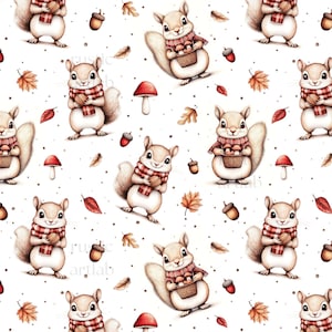 May include: A repeating pattern featuring adorable cartoon squirrels with fluffy tails, wearing red and white plaid scarves. The squirrels are holding acorns and baskets of mushrooms, surrounded by autumn leaves and acorns on a white background.