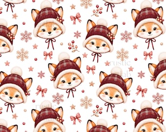 Winter Fox Seamless Pattern, Winter Woodland Animals Fabric Print, Fox Wearing Beanie Snowflakes Bows Design Digital Download