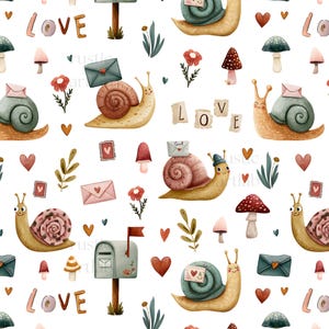 Peut inclure: Motif fantaisiste avec des escargots portant du courrier, des coeurs, des champignons et le mot "LOVE". Les escargots ont des coquilles marron et vertes, et les enveloppes sont turquoise et roses. Fond blanc.