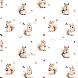 May include: A seamless pattern featuring watercolor illustrations of squirrels holding acorns. The squirrels are brown and white with bushy tails. The background is white with scattered red and orange leaves.