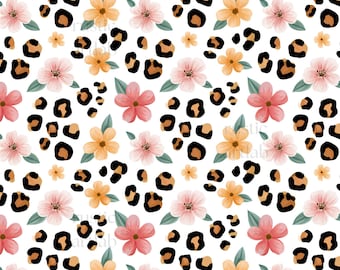 Floral Leopard Print Seamless Pattern, Flowers and Leopard Spots Fabric Design Digital Download