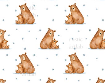 Mama Bear and Baby Bear Seamless Pattern, Watercolor Bears Stars Fabric Design, Minimalist Bear Repeat Pattern, Nursery Fabric Print
