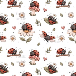 Könnte beinhalten: Ein sich wiederholendes Muster auf weißem Hintergrund mit roten und schwarzen Marienkäfern, rosa Herzen, kleinen grünen Blättern, braunen Zweigen, weißen Gänseblümchen und roten Pilzen mit weißen Punkten.