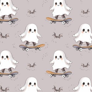 May include: A repeating pattern featuring cartoon ghosts skateboarding on brown skateboards. The ghosts are white with smiling faces and are wearing grey trousers. Bats and small black dots are scattered across the light grey background.