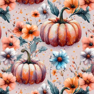 Glitter Pumpkin Floral Seamless Pattern - Pastel Colours Cute Fall Fabric Design, Autumn Digital Paper