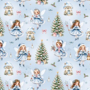 May include: A repeating pattern on a light blue background featuring illustrations of fairies in blue winter outfits, decorated Christmas trees with gifts, mushroom-shaped houses, pink bows, holly sprigs, and hanging silver ornaments.