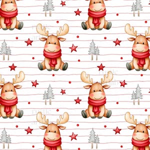May include: A repeating pattern featuring cartoon reindeer with light brown fur and red scarves, interspersed with grey pine trees, red stars, and small red dots on a white background with thin horizontal red lines throughout the design.