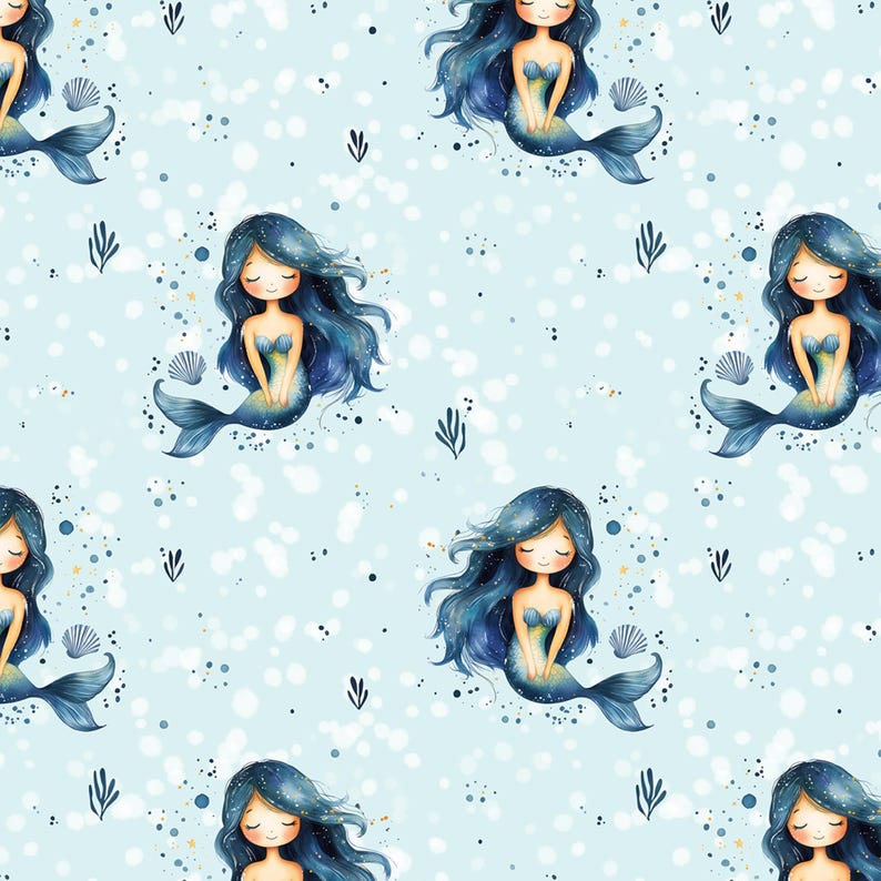 Mermaid Seamless Pattern - Ocean Kids Fabric Design - Cute Mermaids ...